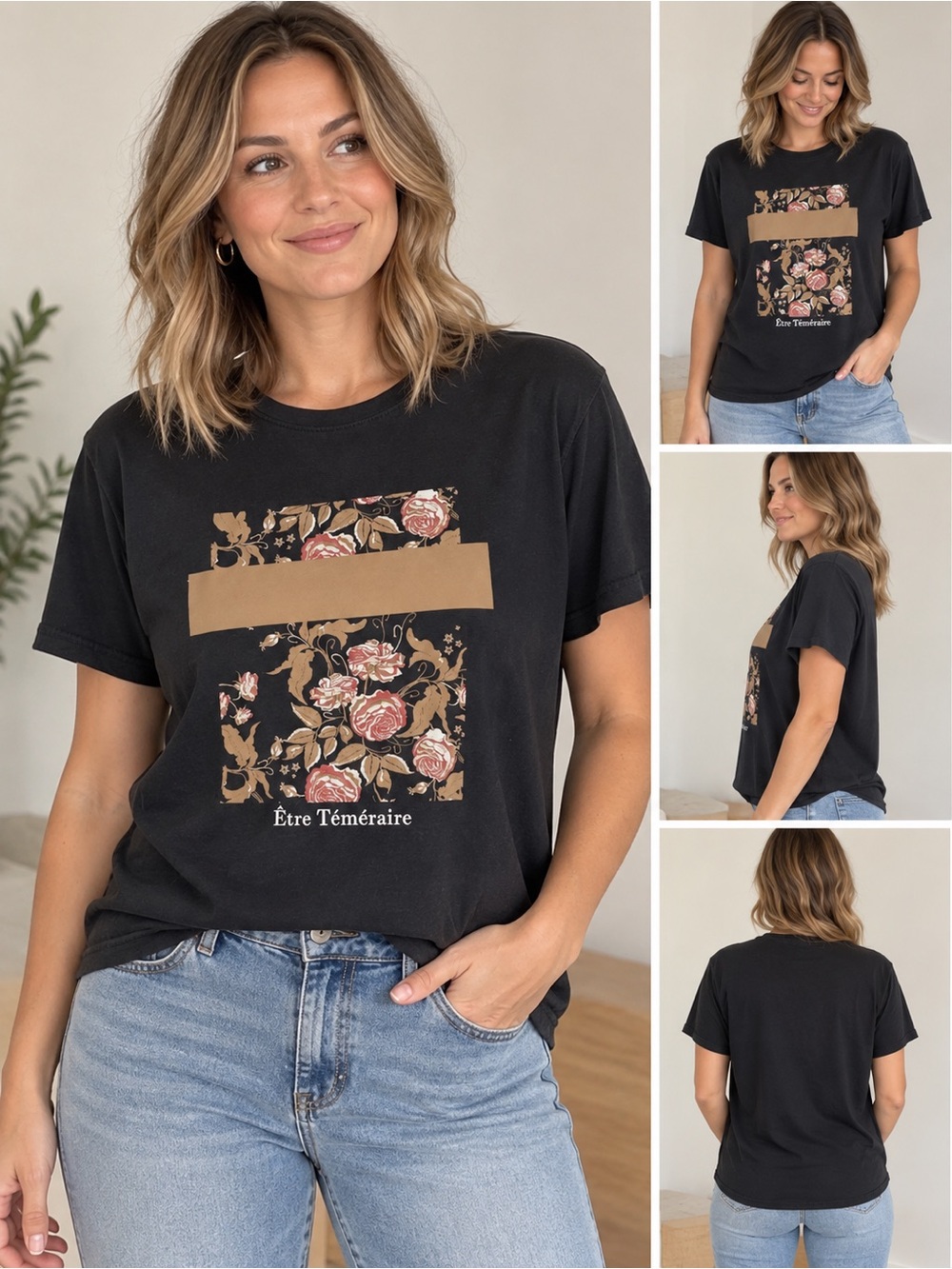 Solid Black Short Sleeve Tee with Floral Print and Gold Accent